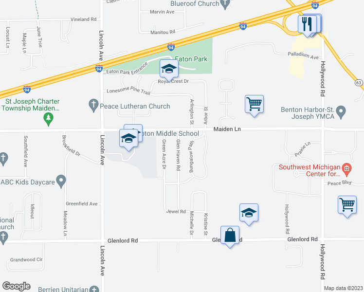 map of restaurants, bars, coffee shops, grocery stores, and more near 3765 Glen Haven Road in St. Joseph