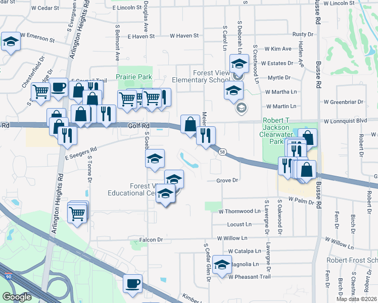 map of restaurants, bars, coffee shops, grocery stores, and more near 909 East Golf Road in Arlington Heights