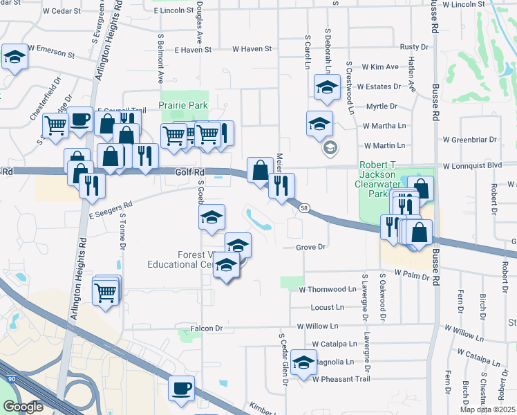 map of restaurants, bars, coffee shops, grocery stores, and more near 909 East Golf Road in Arlington Heights