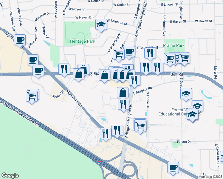 map of restaurants, bars, coffee shops, grocery stores, and more near 64 West Seegers Road in Arlington Heights