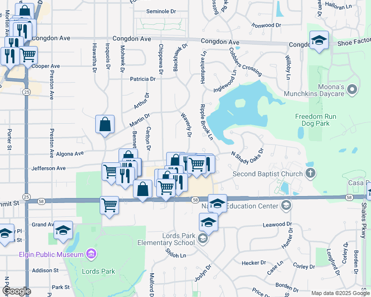 map of restaurants, bars, coffee shops, grocery stores, and more near 660 Waverly Drive in Elgin