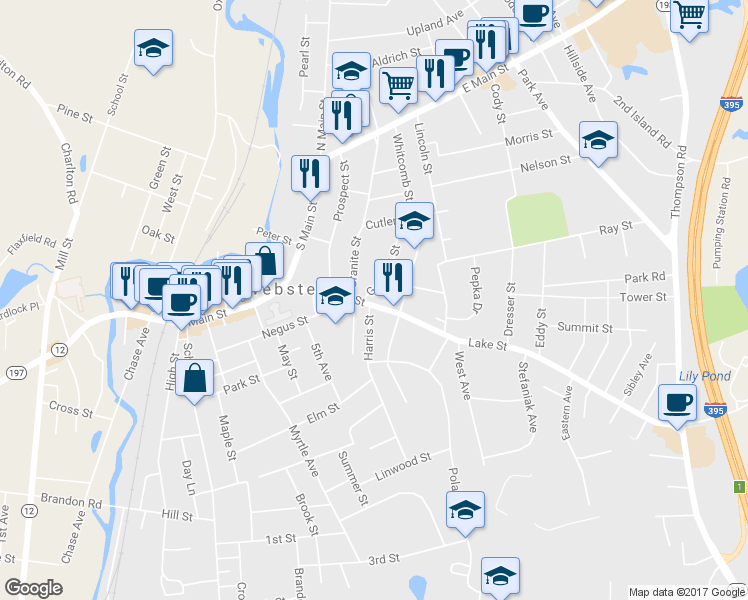 map of restaurants, bars, coffee shops, grocery stores, and more near 51 Lake Street in Webster