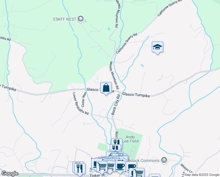 map of restaurants, bars, coffee shops, grocery stores, and more near 2282 Glasco Turnpike in Woodstock