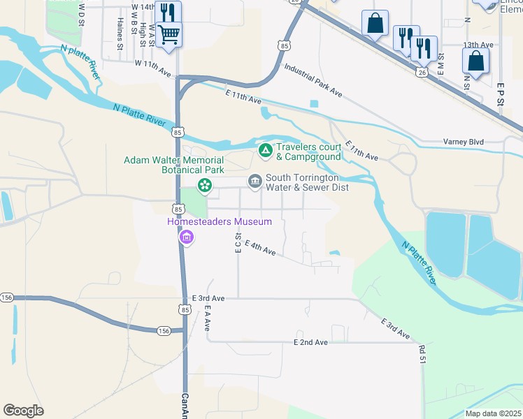 map of restaurants, bars, coffee shops, grocery stores, and more near E 5th Ave in Torrington
