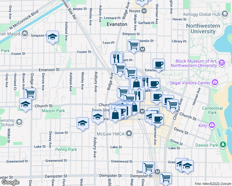map of restaurants, bars, coffee shops, grocery stores, and more near 1718 Oak Avenue in Evanston