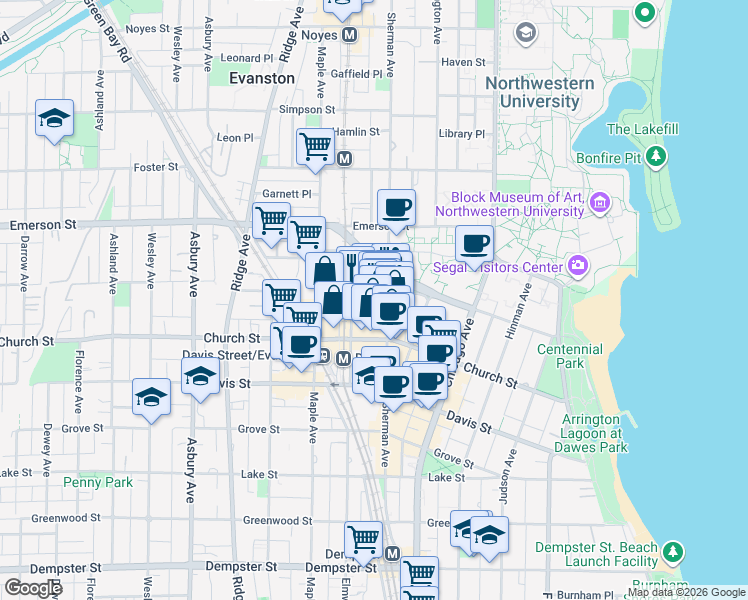 map of restaurants, bars, coffee shops, grocery stores, and more near 810 Clark Street in Evanston