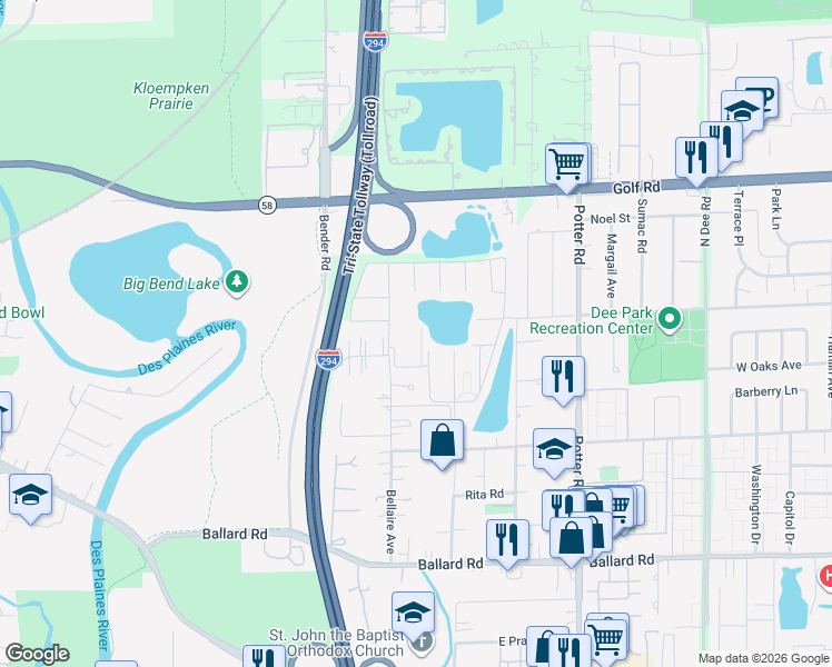 map of restaurants, bars, coffee shops, grocery stores, and more near 9388 Bay Colony Drive in Des Plaines