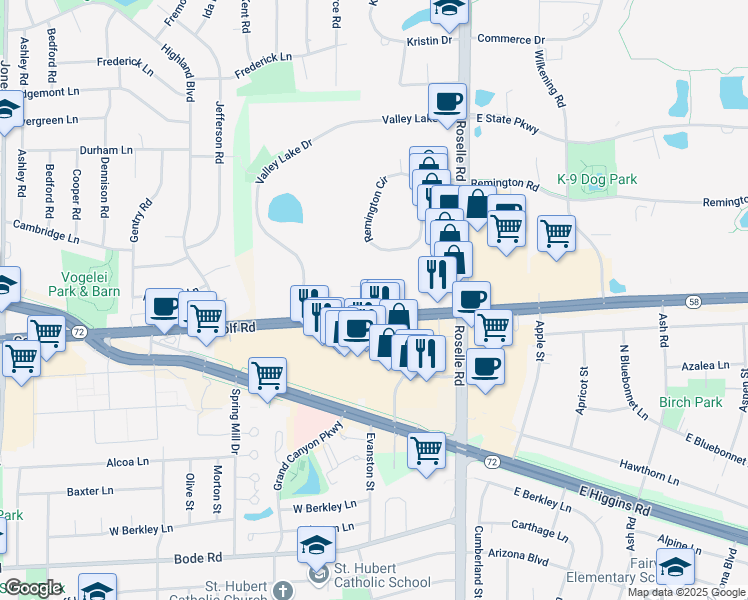 map of restaurants, bars, coffee shops, grocery stores, and more near 110 West Golf Road in Schaumburg