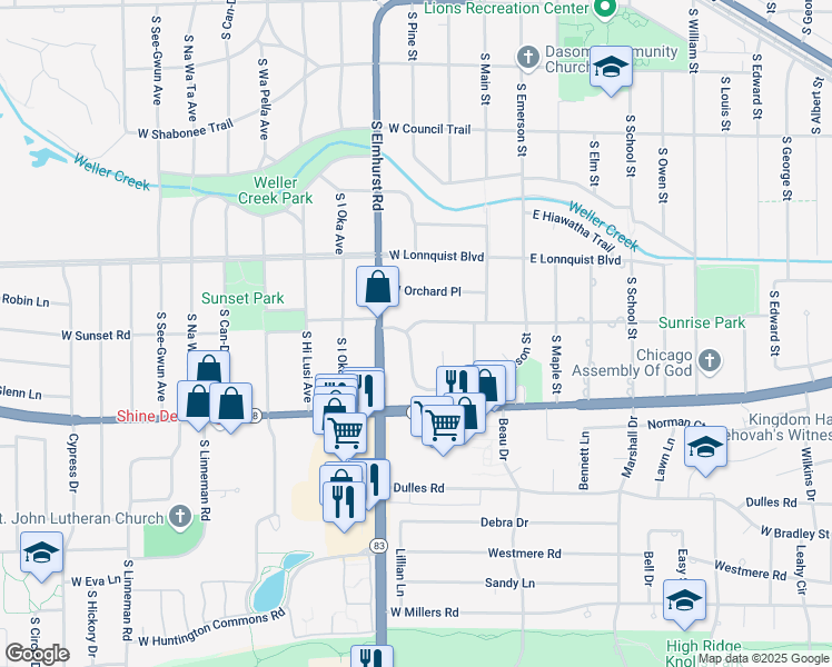 map of restaurants, bars, coffee shops, grocery stores, and more near 905 South Tower Drive in Mount Prospect