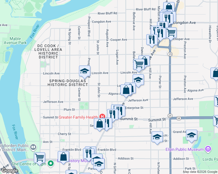 map of restaurants, bars, coffee shops, grocery stores, and more near 379 Lovell Street in Elgin