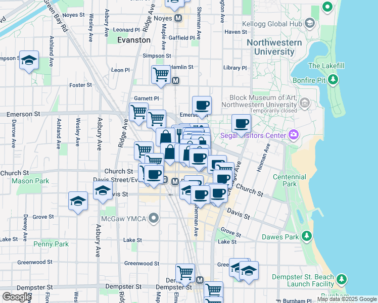 map of restaurants, bars, coffee shops, grocery stores, and more near 812 Clark Street in Evanston