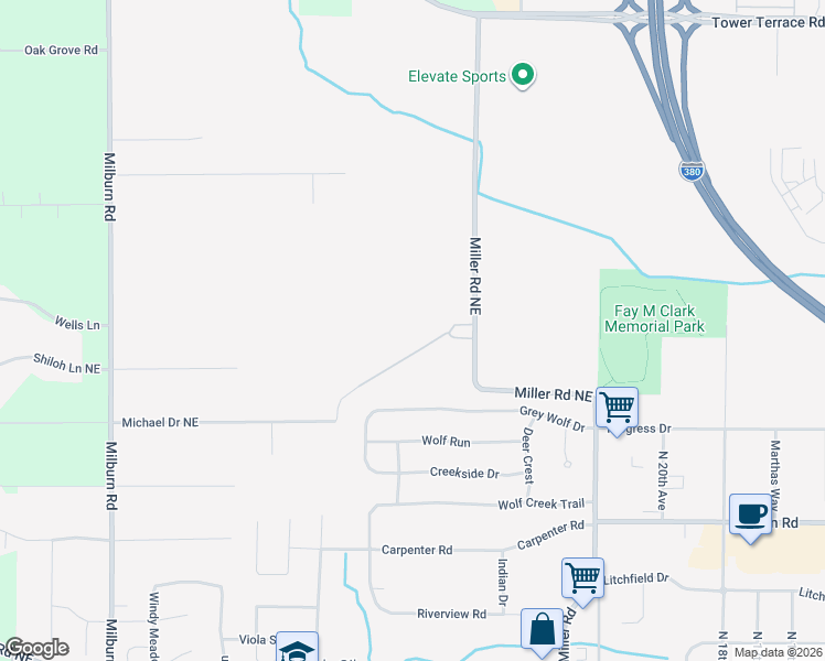 map of restaurants, bars, coffee shops, grocery stores, and more near 1200 Miller Road in Hiawatha