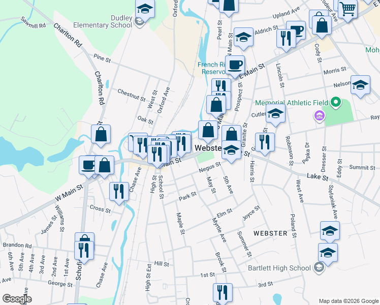 map of restaurants, bars, coffee shops, grocery stores, and more near in Webster