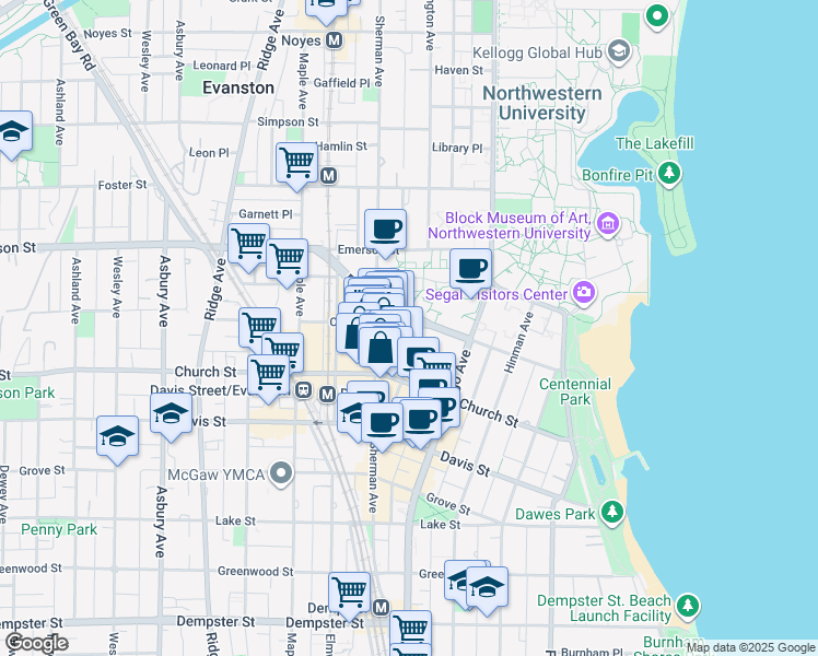 map of restaurants, bars, coffee shops, grocery stores, and more near 718 Clark Street in Evanston