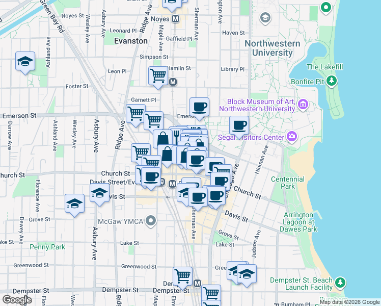 map of restaurants, bars, coffee shops, grocery stores, and more near 816 Clark Street in Evanston