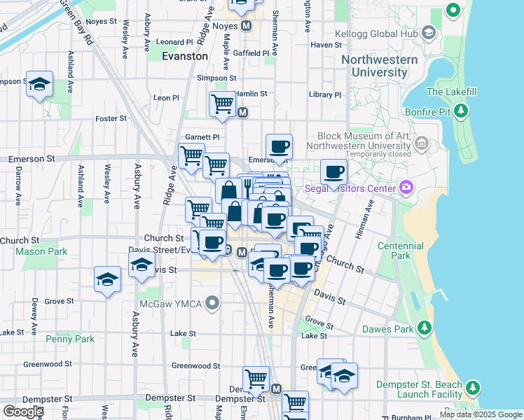 map of restaurants, bars, coffee shops, grocery stores, and more near 816 Clark Street in Evanston