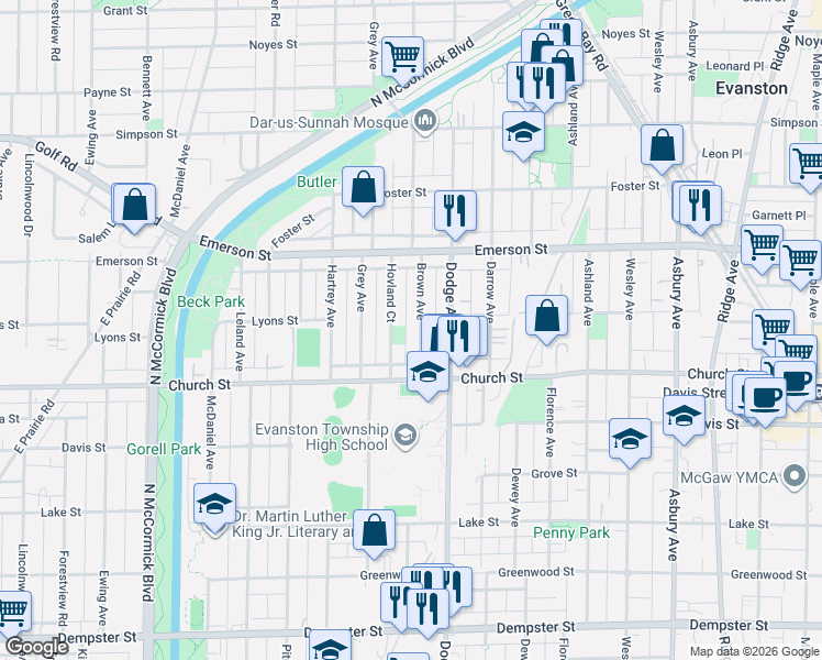 map of restaurants, bars, coffee shops, grocery stores, and more near 1728 Brown Avenue in Evanston