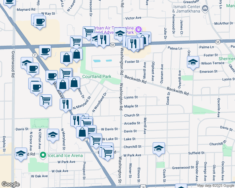 map of restaurants, bars, coffee shops, grocery stores, and more near 8013d Lyons Street in Niles