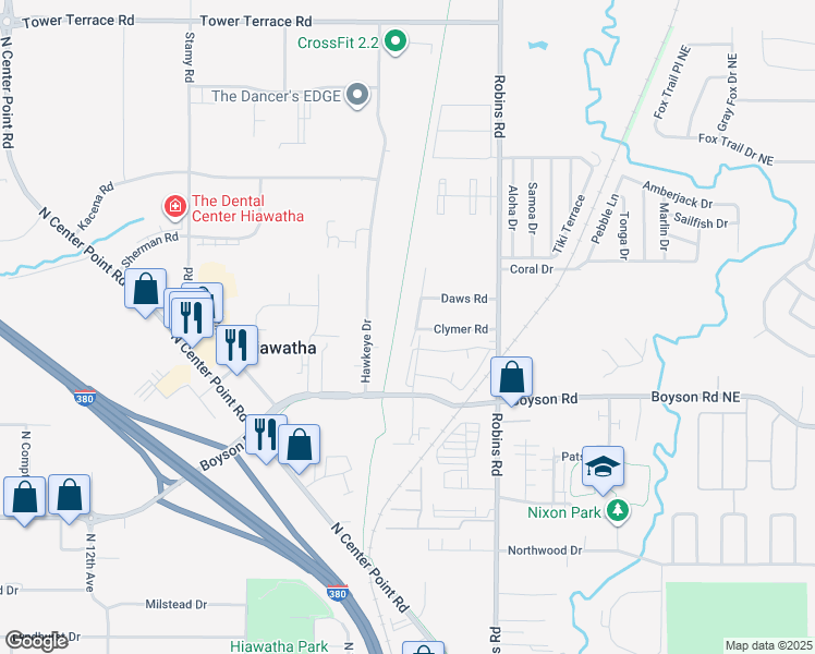 map of restaurants, bars, coffee shops, grocery stores, and more near Cedar Valley Nature Trail in Hiawatha