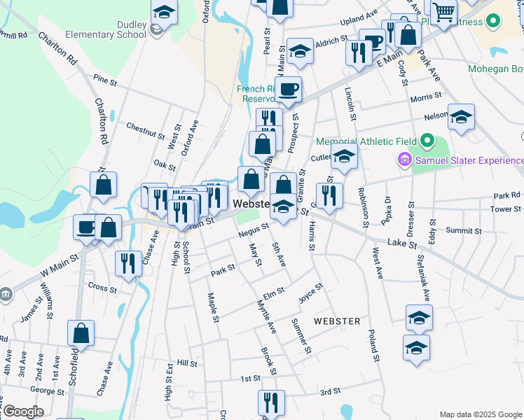 map of restaurants, bars, coffee shops, grocery stores, and more near 2 Lake Street in Webster