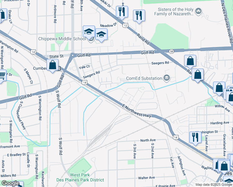 map of restaurants, bars, coffee shops, grocery stores, and more near 750 East Northwest Highway in Des Plaines
