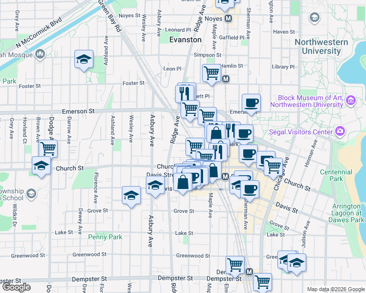 map of restaurants, bars, coffee shops, grocery stores, and more near 1720 Oak Avenue in Evanston