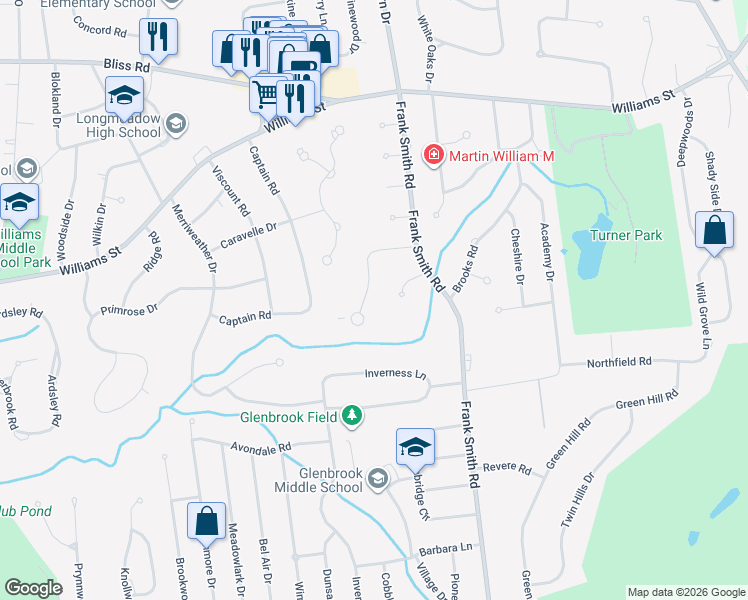 map of restaurants, bars, coffee shops, grocery stores, and more near 120 Ashford Road in Longmeadow