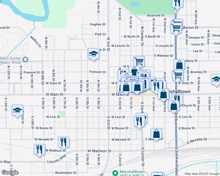 map of restaurants, bars, coffee shops, grocery stores, and more near 7 North 3rd Street in Marshalltown