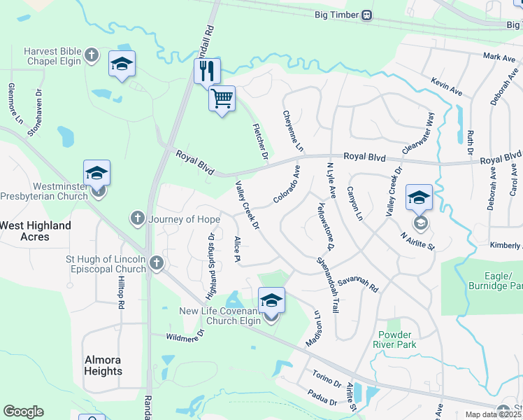 map of restaurants, bars, coffee shops, grocery stores, and more near 2237 Colorado Avenue in Elgin