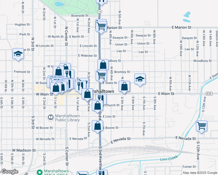 map of restaurants, bars, coffee shops, grocery stores, and more near 308 East Main Street in Marshalltown