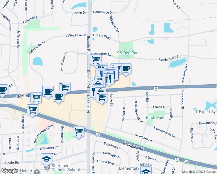 map of restaurants, bars, coffee shops, grocery stores, and more near 100-130 East Golf Road in Schaumburg