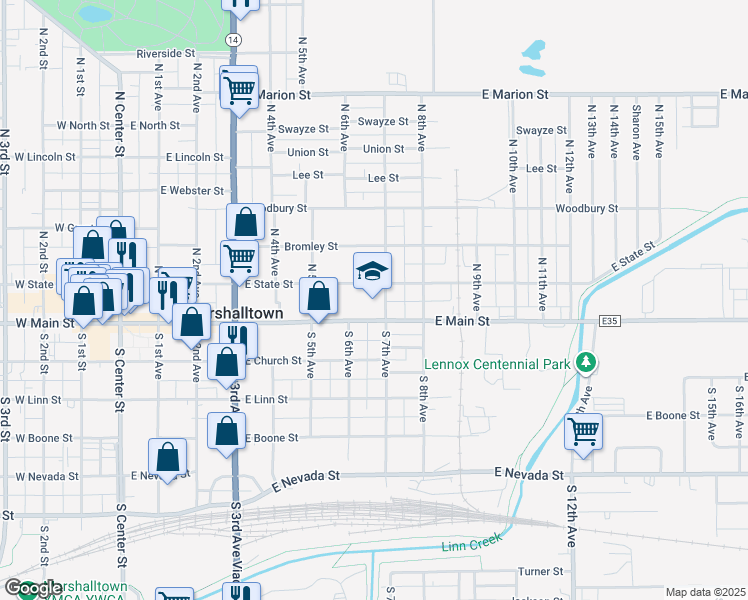 map of restaurants, bars, coffee shops, grocery stores, and more near 8 North 7th Avenue in Marshalltown
