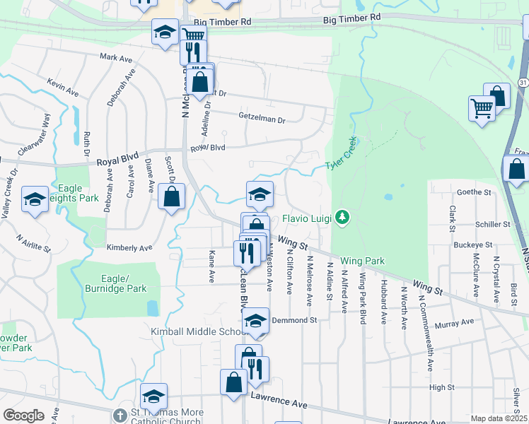 map of restaurants, bars, coffee shops, grocery stores, and more near 1350 Wing Street in Elgin