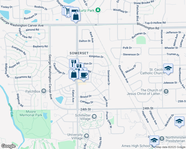 map of restaurants, bars, coffee shops, grocery stores, and more near 2430 Aspen Road in Ames