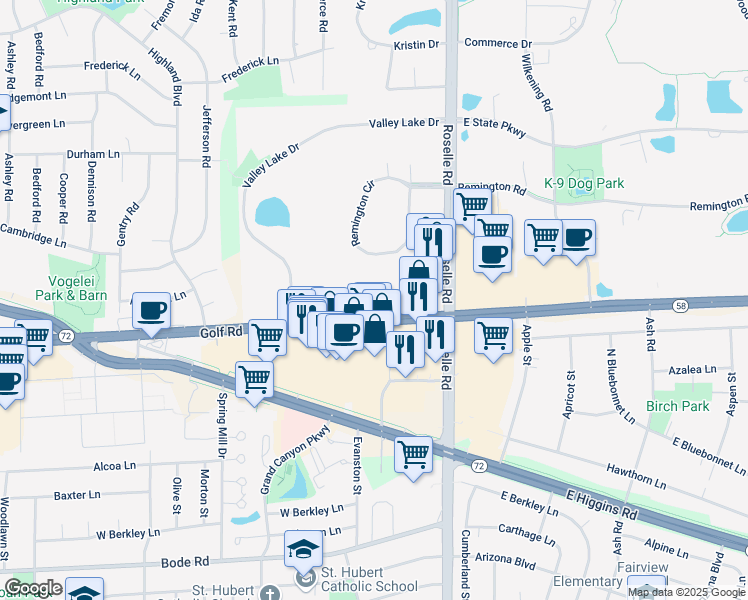map of restaurants, bars, coffee shops, grocery stores, and more near 110 West Golf Road in Schaumburg