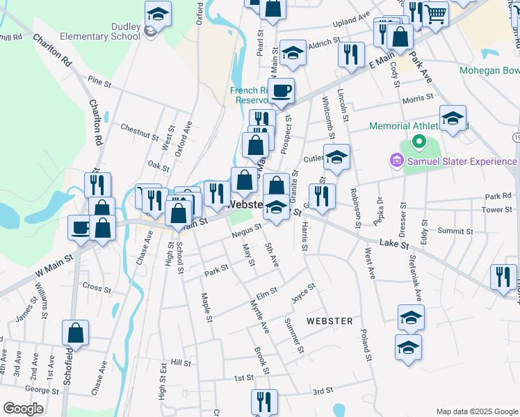 map of restaurants, bars, coffee shops, grocery stores, and more near 6 Veterans Way in Webster