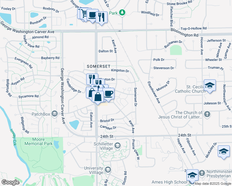 map of restaurants, bars, coffee shops, grocery stores, and more near 2706 Kent Avenue in Ames