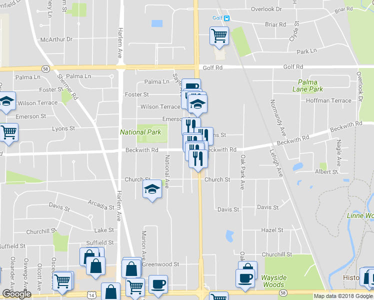 map of restaurants, bars, coffee shops, grocery stores, and more near 6998 Beckwith Road in Morton Grove