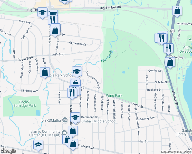 map of restaurants, bars, coffee shops, grocery stores, and more near 15 Longwood Place in Elgin