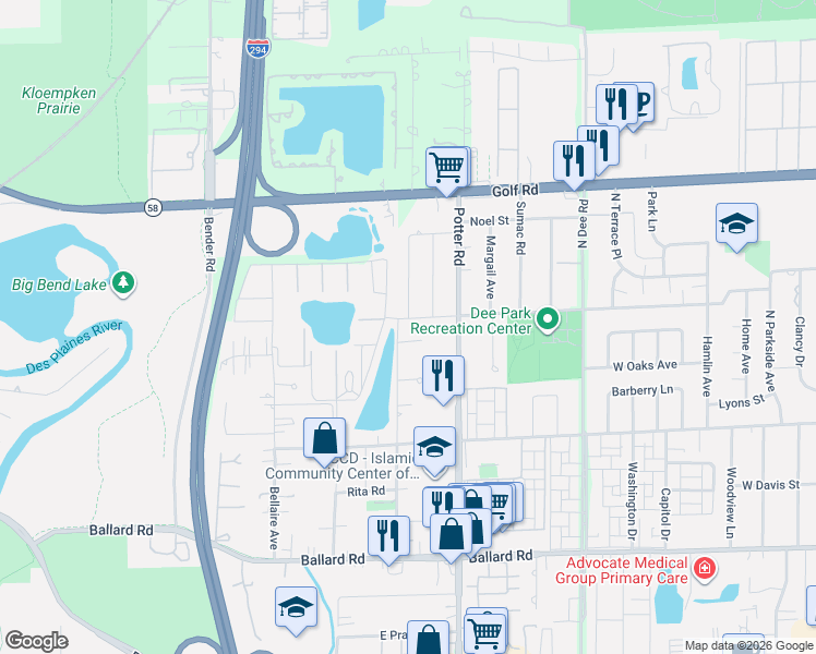 map of restaurants, bars, coffee shops, grocery stores, and more near 221 Bay Colony Drive in Des Plaines