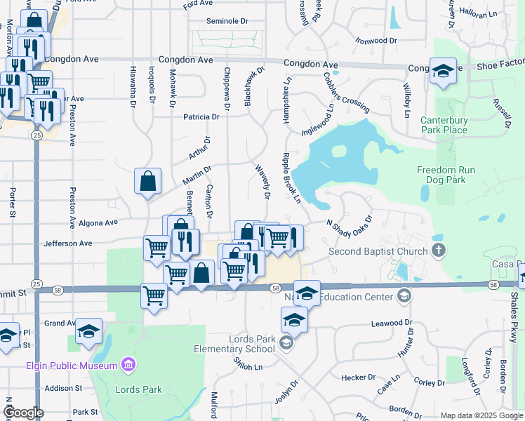 map of restaurants, bars, coffee shops, grocery stores, and more near 660 Waverly Drive in Elgin