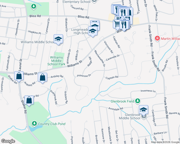 map of restaurants, bars, coffee shops, grocery stores, and more near 80 Primrose Drive in Longmeadow