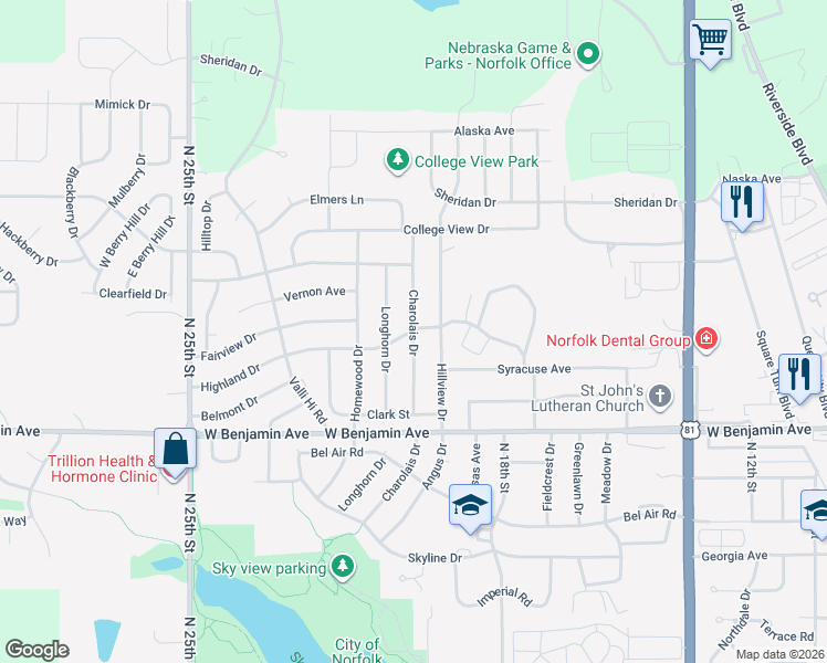 map of restaurants, bars, coffee shops, grocery stores, and more near 1418 Charolais Dr in Norfolk