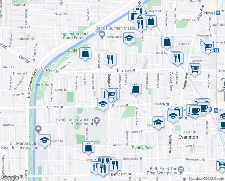 map of restaurants, bars, coffee shops, grocery stores, and more near 1730 Dodge Avenue in Evanston