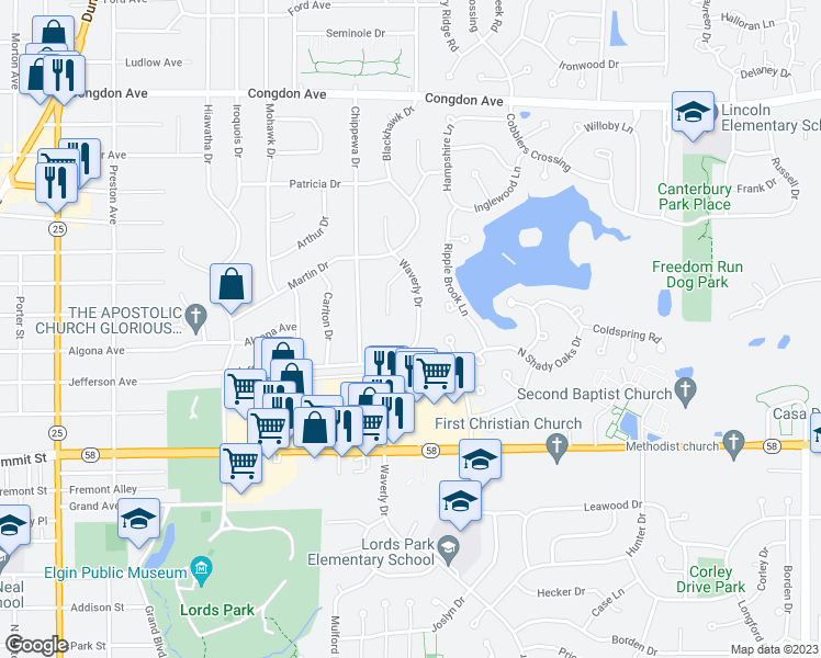 map of restaurants, bars, coffee shops, grocery stores, and more near 660 Waverly Drive in Elgin