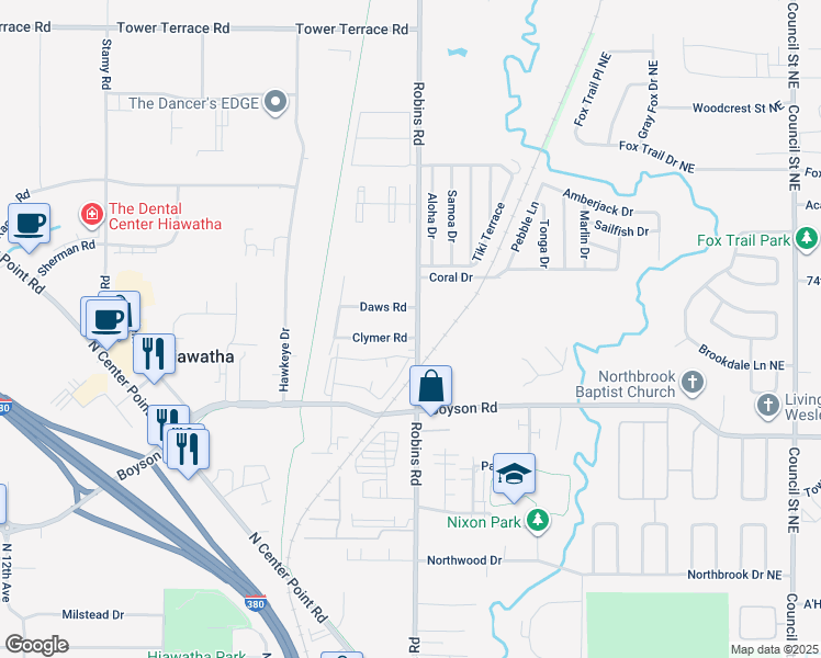 map of restaurants, bars, coffee shops, grocery stores, and more near 205 Clymer Road in Hiawatha