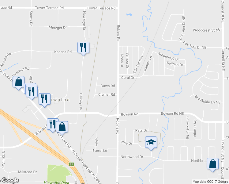 map of restaurants, bars, coffee shops, grocery stores, and more near 265 Clymer Road in Hiawatha