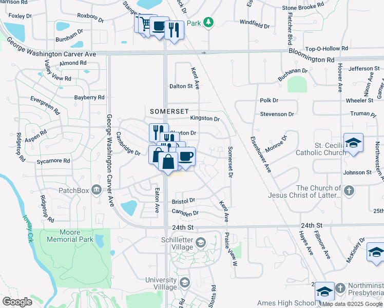 map of restaurants, bars, coffee shops, grocery stores, and more near 2706 Kent Avenue in Ames