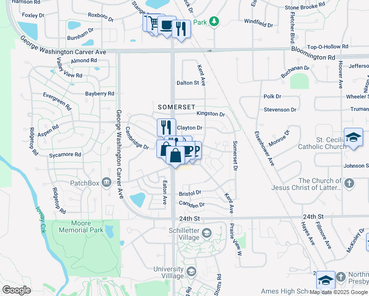 map of restaurants, bars, coffee shops, grocery stores, and more near 2719 Kent Avenue in Ames