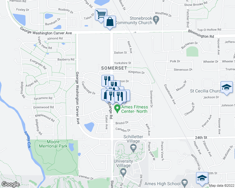 map of restaurants, bars, coffee shops, grocery stores, and more near 2719 Kent Avenue in Ames